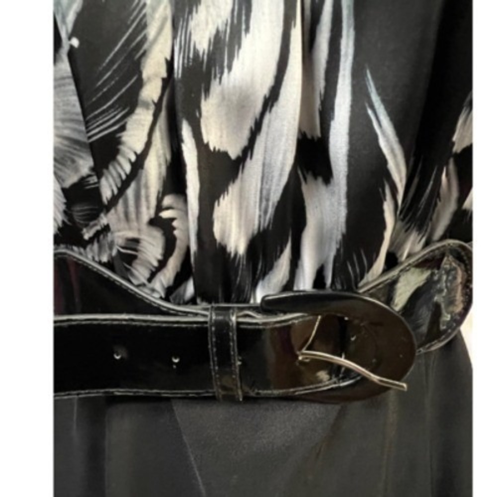 AB Studio Sheath Dress Black Grey Feather Print Women Size 6 Belted Elegant - Picture 4 of 13